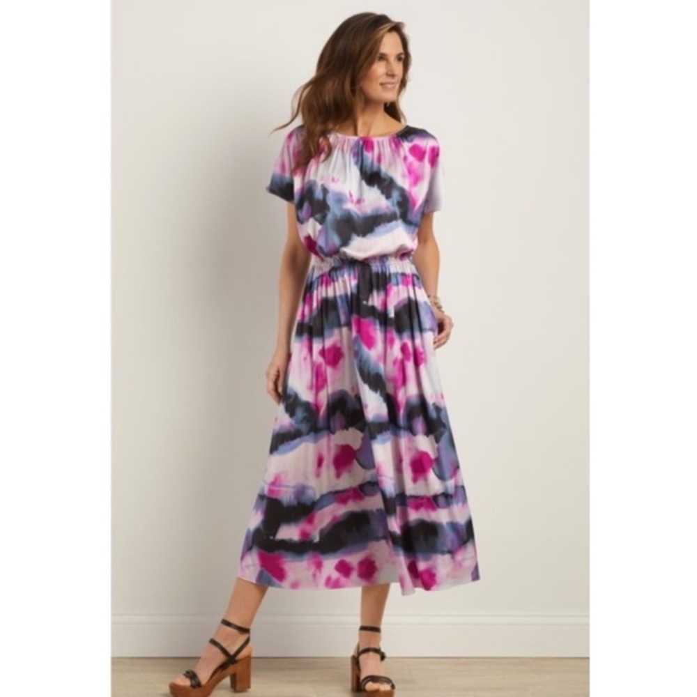 Soft Surroundings "Abelia" Midi Dress Women's S Watercolor Print Abstract Boho